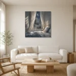 Crescent Moon Garden Moonlit Bedroom Wall Art Canvas Print styled in a refined neutral interior