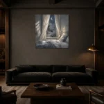 Crescent Moon Garden Moonlit Bedroom Wall Art Canvas Print shown in a warm modern interior