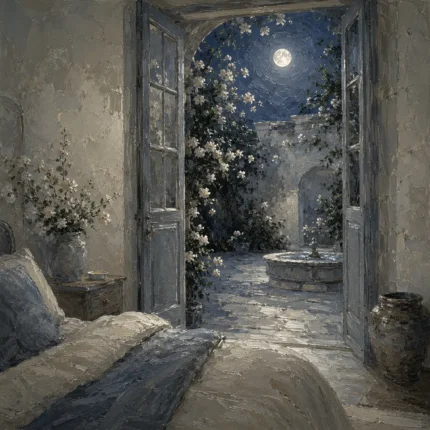 Moonlit Courtyard Doors Moonlit Bedroom Wall Art Canvas Print