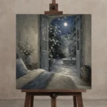 Moonlit Courtyard Doors Moonlit Bedroom Wall Art Canvas Print displayed on a studio easel