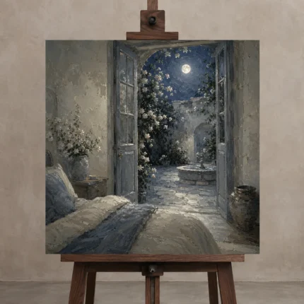 Moonlit Courtyard Doors Moonlit Bedroom Wall Art Canvas Print displayed on a studio easel