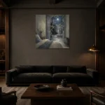 Moonlit Courtyard Doors Moonlit Bedroom Wall Art Canvas Print shown in a warm modern interior
