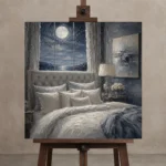 Moonlit Ocean Suite Moonlit Bedroom Wall Art Canvas Print displayed on a studio easel
