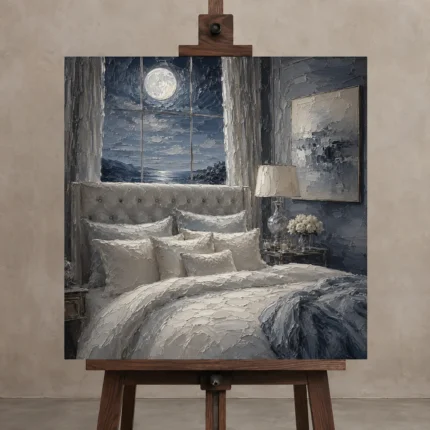 Moonlit Ocean Suite Moonlit Bedroom Wall Art Canvas Print displayed on a studio easel