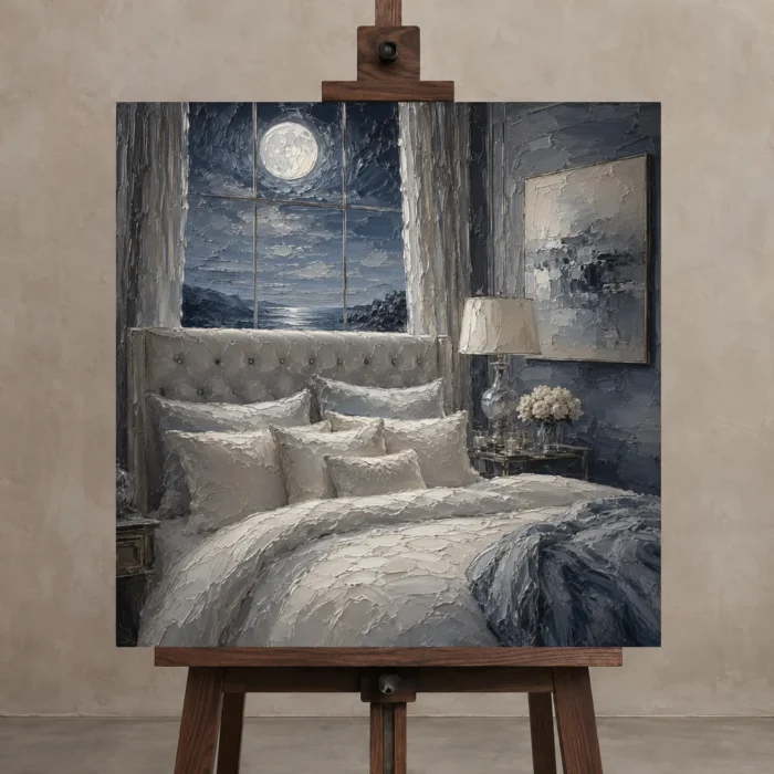 Moonlit Ocean Suite Moonlit Bedroom Wall Art Canvas Print displayed on a studio easel