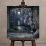 Moonlit Wisteria Window Moonlit Bedroom Wall Art Canvas Print displayed on a studio easel