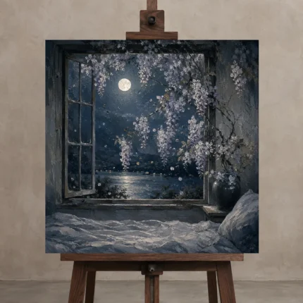 Moonlit Wisteria Window Moonlit Bedroom Wall Art Canvas Print displayed on a studio easel