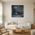 Moonlit Wisteria Window Moonlit Bedroom Wall Art Canvas Print styled in a refined neutral interior