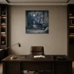 Moonlit Wisteria Window Moonlit Bedroom Wall Art Canvas Print displayed in a contemporary gallery-inspired room
