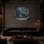 Moonlit Wisteria Window Moonlit Bedroom Wall Art Canvas Print shown in a warm modern interior