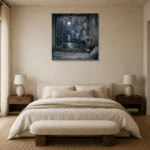 Moonlit Wisteria Window Moonlit Bedroom Wall Art Canvas Print showcased in an elegant minimalist interior
