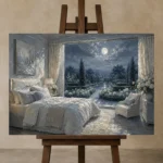 Moonlit Garden Suite Moonlit Bedroom Wall Art Canvas Print displayed on a studio easel