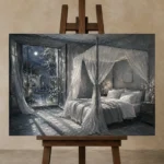 Moonlit Canopy Courtyard Moonlit Bedroom Wall Art Canvas Print displayed on a studio easel