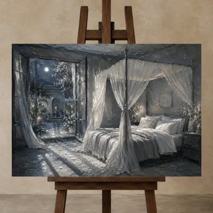 Moonlit Canopy Courtyard Moonlit Bedroom Wall Art Canvas Print displayed on a studio easel