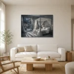 Moonlit Canopy Courtyard Moonlit Bedroom Wall Art Canvas Print styled in a refined neutral interior