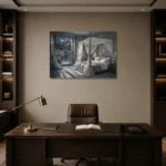 Moonlit Canopy Courtyard Moonlit Bedroom Wall Art Canvas Print displayed in a contemporary gallery-inspired room