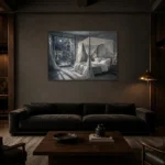 Moonlit Canopy Courtyard Moonlit Bedroom Wall Art Canvas Print shown in a warm modern interior