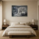 Moonlit Canopy Courtyard Moonlit Bedroom Wall Art Canvas Print showcased in an elegant minimalist interior