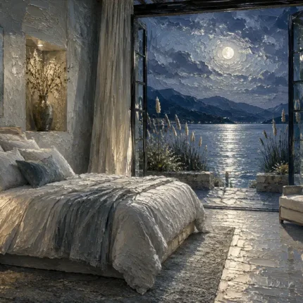 Moonlit Lake Retreat Moonlit Bedroom Wall Art Canvas Print
