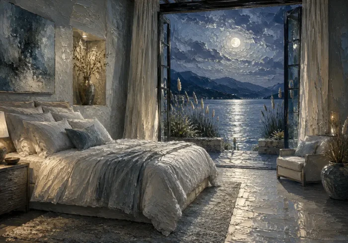 Moonlit Lake Retreat Moonlit Bedroom Wall Art Canvas Print
