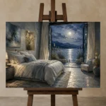 Moonlit Lake Retreat Moonlit Bedroom Wall Art Canvas Print displayed on a studio easel