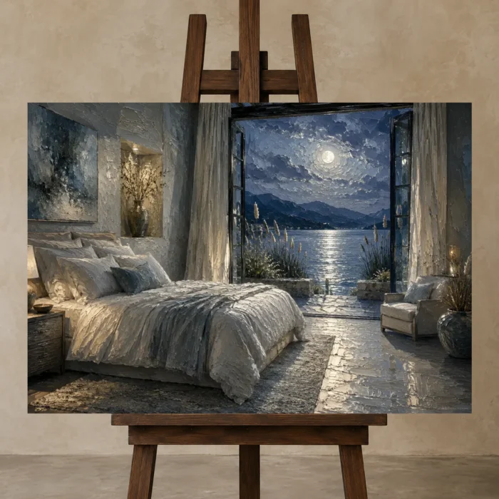 Moonlit Lake Retreat Moonlit Bedroom Wall Art Canvas Print displayed on a studio easel