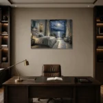 Moonlit Lake Retreat Moonlit Bedroom Wall Art Canvas Print displayed in a contemporary gallery-inspired room