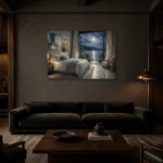 Moonlit Lake Retreat Moonlit Bedroom Wall Art Canvas Print shown in a warm modern interior