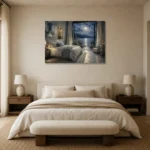 Moonlit Lake Retreat Moonlit Bedroom Wall Art Canvas Print showcased in an elegant minimalist interior