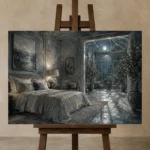 Moonlit Conservatory Suite Moonlit Bedroom Wall Art Canvas Print displayed on a studio easel