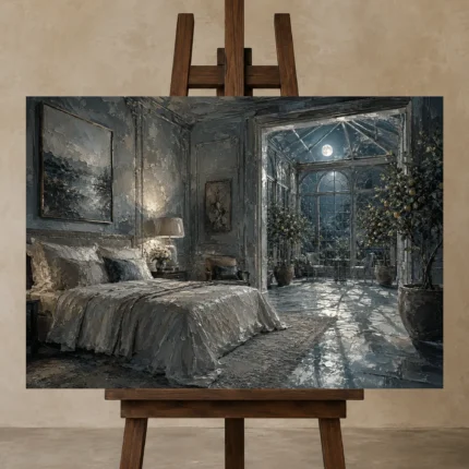 Moonlit Conservatory Suite Moonlit Bedroom Wall Art Canvas Print displayed on a studio easel