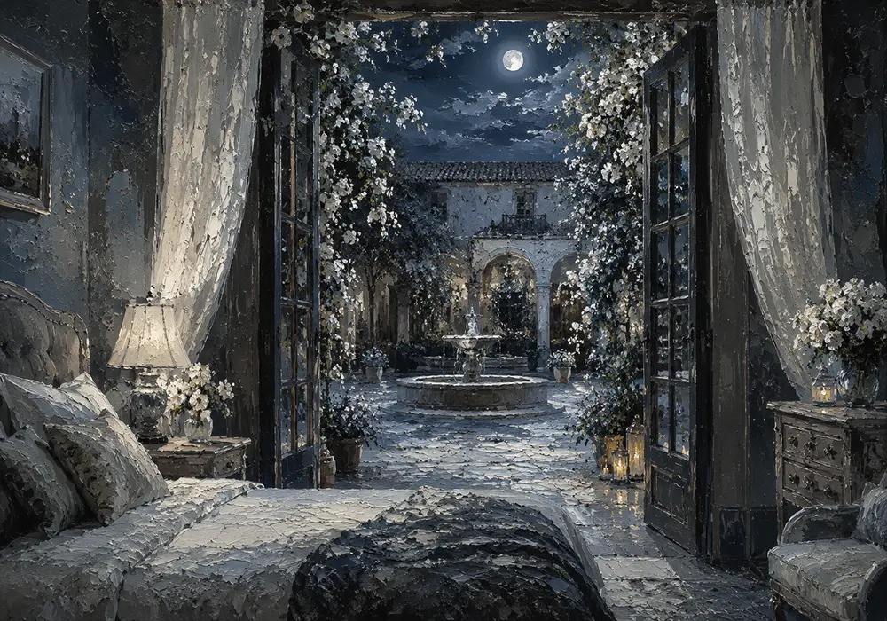 Moonlit Blossom Courtyard Moonlit Bedroom Wall Art Canvas Print