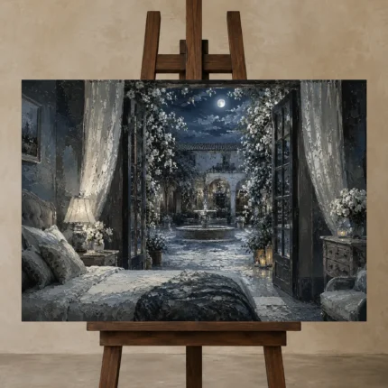 Moonlit Blossom Courtyard Moonlit Bedroom Wall Art Canvas Print displayed on a studio easel
