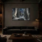 Moonlit Blossom Courtyard Moonlit Bedroom Wall Art Canvas Print shown in a warm modern interior
