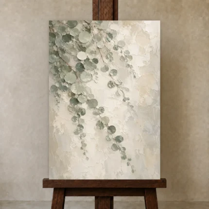 Silver Dollar Eucalyptus Botanical Bedroom Wall Art Canvas Print shown in Studio Easel