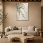 Silver Dollar Eucalyptus Botanical Bedroom Wall Art Canvas Print presented in a sophisticated home setting