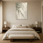 Silver Dollar Eucalyptus Botanical Bedroom Wall Art Canvas Print showcased in an elegant minimalist interior