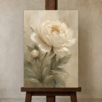 Ivory Peony Botanical Bedroom Wall Art Canvas Print displayed on a studio easel