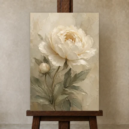 Ivory Peony Botanical Bedroom Wall Art Canvas Print shown in Studio Easel
