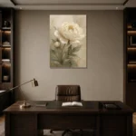 Ivory Peony Botanical Bedroom Wall Art Canvas Print displayed in a contemporary gallery-inspired room