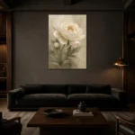 Ivory Peony Botanical Bedroom Wall Art Canvas Print shown in a warm modern interior