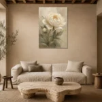 Ivory Peony Botanical Bedroom Wall Art Canvas Print presented in a sophisticated home setting