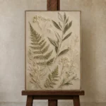 Pressed Fern Herbarium Botanical Bedroom Wall Art Canvas Print displayed on a studio easel