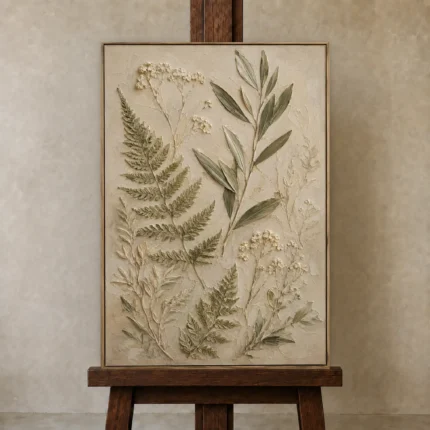 Pressed Fern Herbarium Botanical Bedroom Wall Art Canvas Print shown in Studio Easel