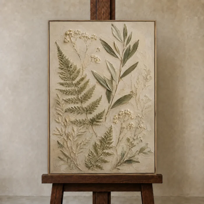 Pressed Fern Herbarium Botanical Bedroom Wall Art Canvas Print displayed on a studio easel