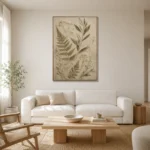 Pressed Fern Herbarium Botanical Bedroom Wall Art Canvas Print styled in a refined neutral interior