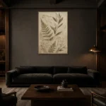 Pressed Fern Herbarium Botanical Bedroom Wall Art Canvas Print shown in a warm modern interior