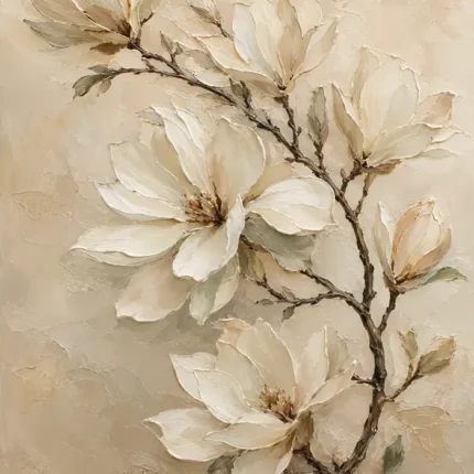 Ivory Magnolia Branch Botanical Bedroom Wall Art Canvas Print