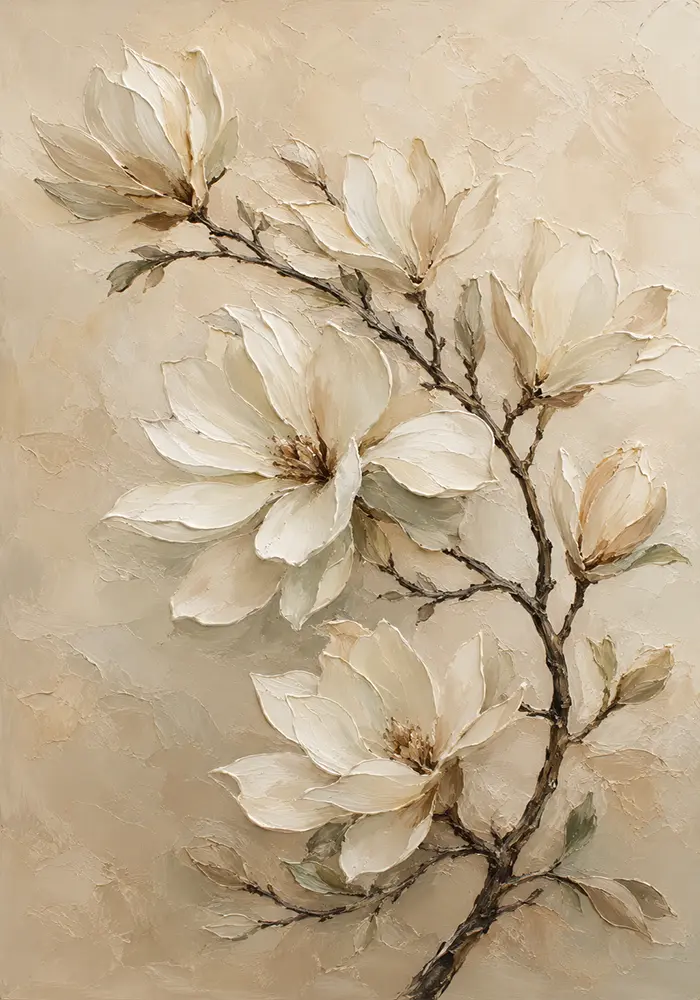 Ivory Magnolia Branch Botanical Bedroom Wall Art Canvas Print