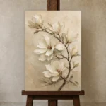 Ivory Magnolia Branch Botanical Bedroom Wall Art Canvas Print displayed on a studio easel